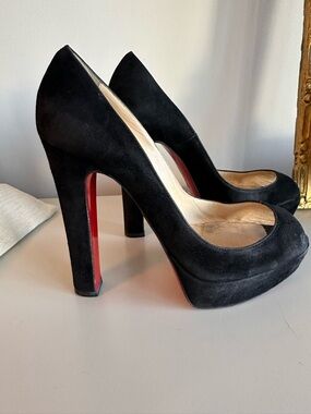 Christian Louboutin Black Suede Peep Toe Pumps with Iconic Red Sole